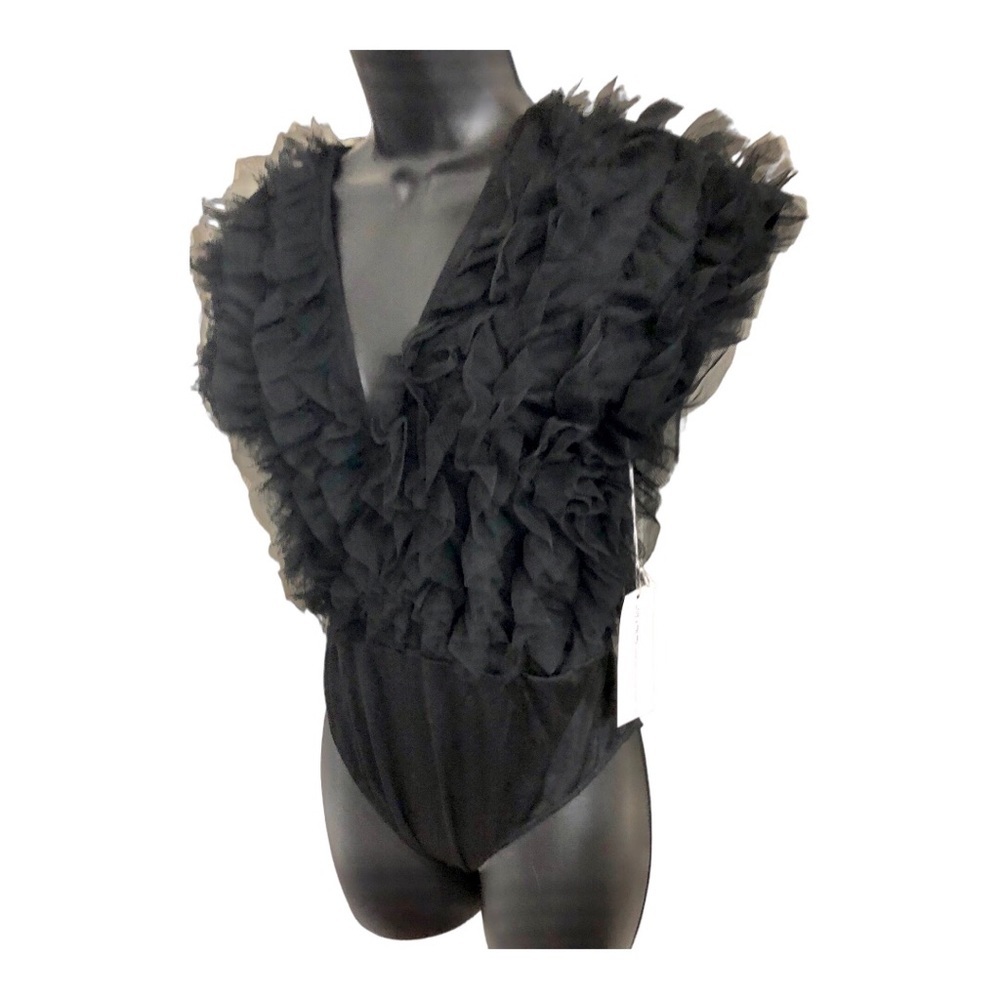 Ruffled Chiffon tulle plunge front black bodysuit size medium brand new - Picture 3 of 16